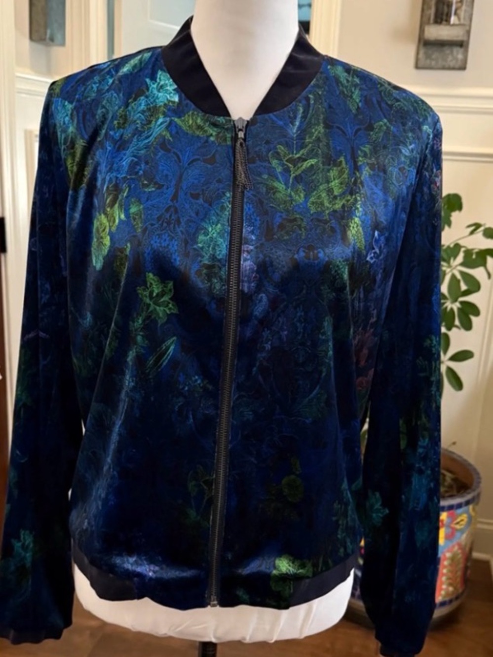 Tahari Blue Floral Satin Bomber Jacket with Green Accents